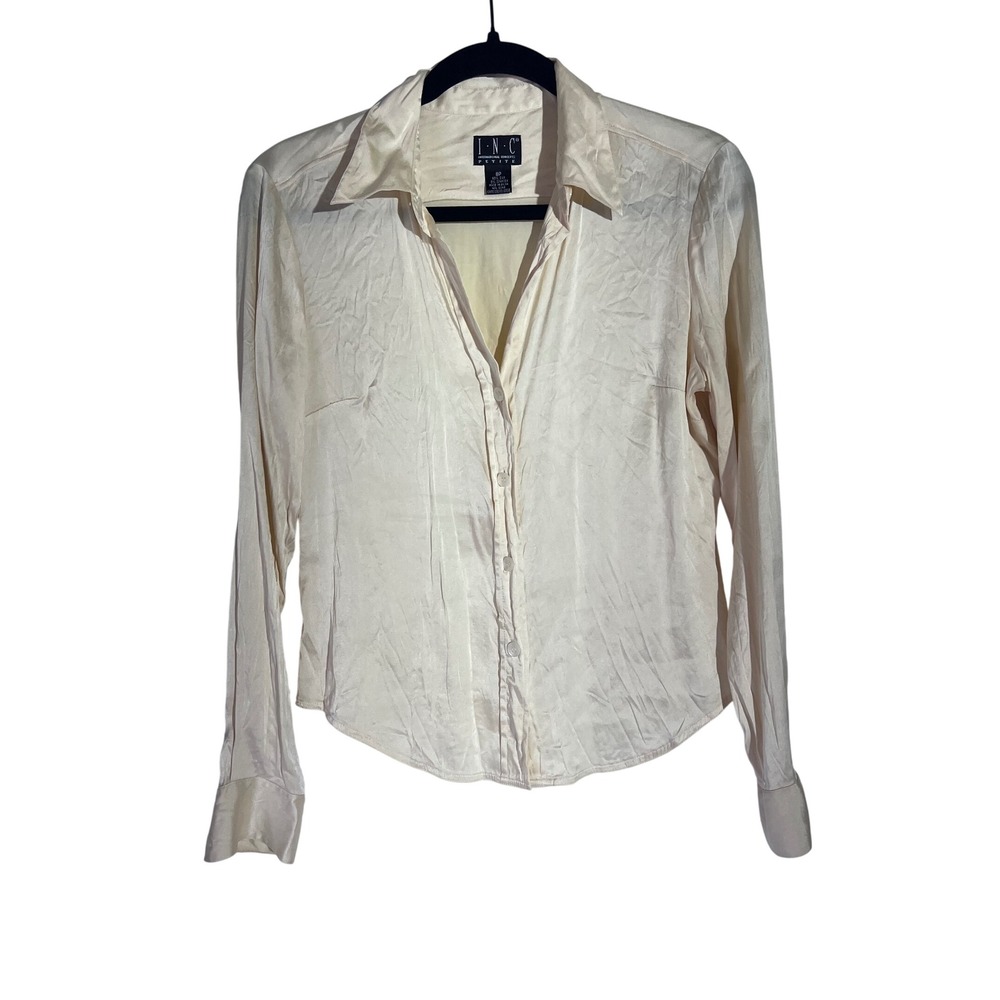 INC International Concepts Cream Silk Blend Button Down Blouse Petite 8P